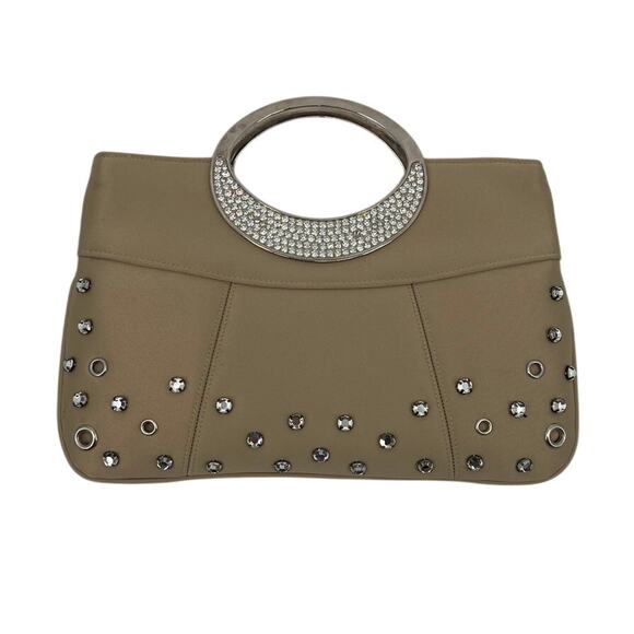 Kate Landry Rhinestones Cocktail Tan Purse Clutch Handle Grommets Strap Retro - Picture 1 of 14